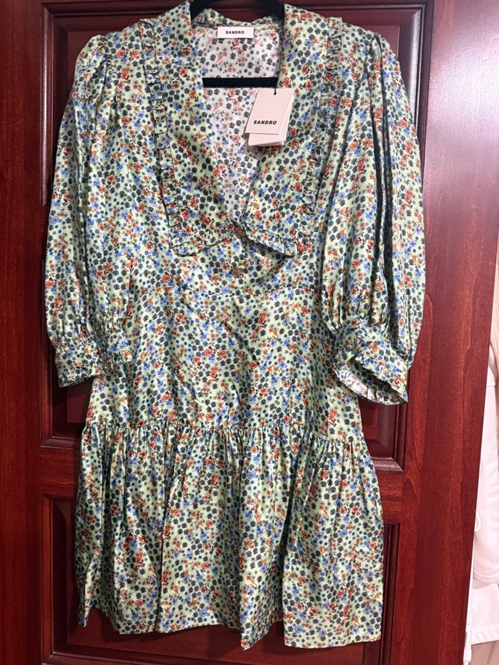 Sandro Mint Floral Tiered Ruffle Dress with Blue & Red Blossoms
